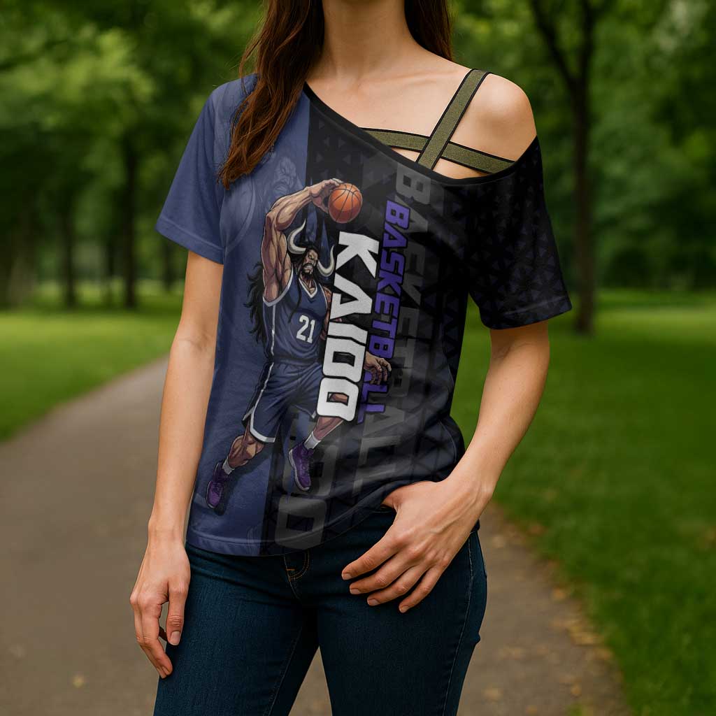 Kaido One Piece Basketball Theme Navy and Black Design Cross Shoulder Shirt with Dragon Skull Emblem and Power Dunk Pose - The Mazicc
