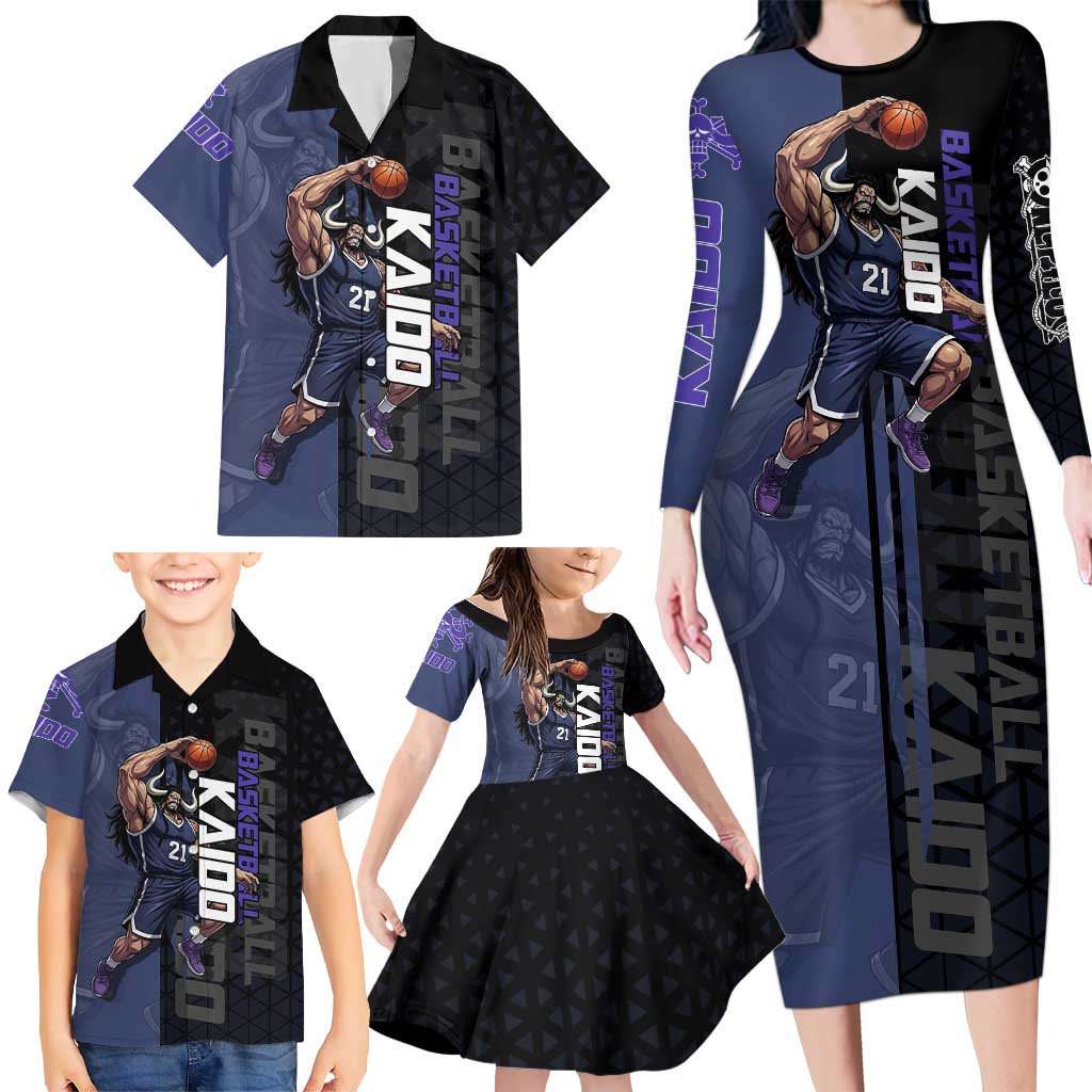 Kaido One Piece Basketball Theme Navy and Black Design Family Matching Long Sleeve Bodycon Dress and Hawaiian Shirt with Dragon Skull Emblem and Power Dunk Pose