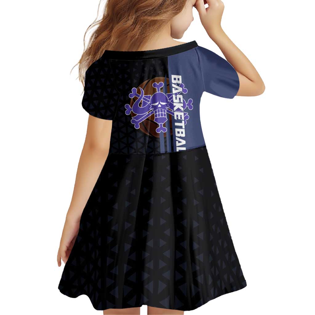 Kaido One Piece Basketball Theme Navy and Black Design Family Matching Long Sleeve Bodycon Dress and Hawaiian Shirt with Dragon Skull Emblem and Power Dunk Pose