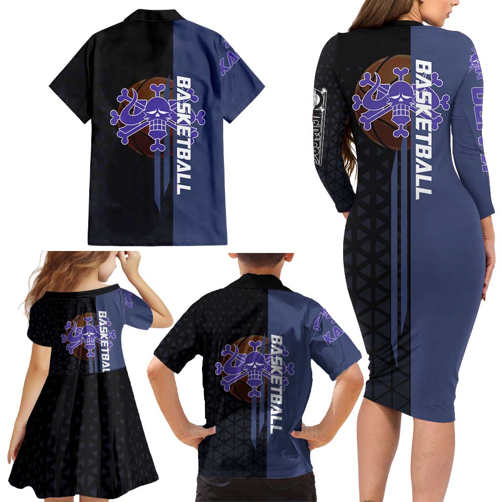 Kaido One Piece Basketball Theme Navy and Black Design Family Matching Long Sleeve Bodycon Dress and Hawaiian Shirt with Dragon Skull Emblem and Power Dunk Pose