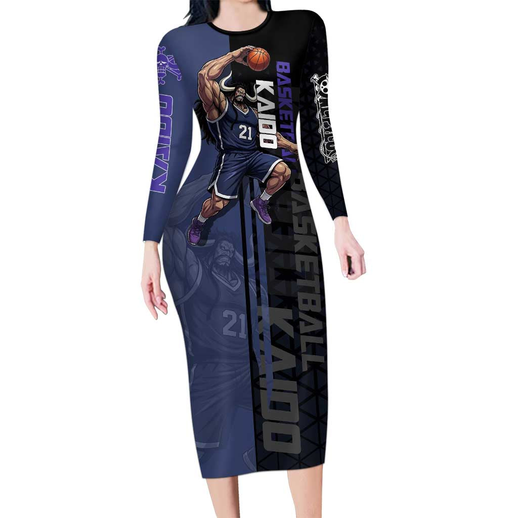 Kaido One Piece Basketball Theme Navy and Black Design Family Matching Long Sleeve Bodycon Dress and Hawaiian Shirt with Dragon Skull Emblem and Power Dunk Pose