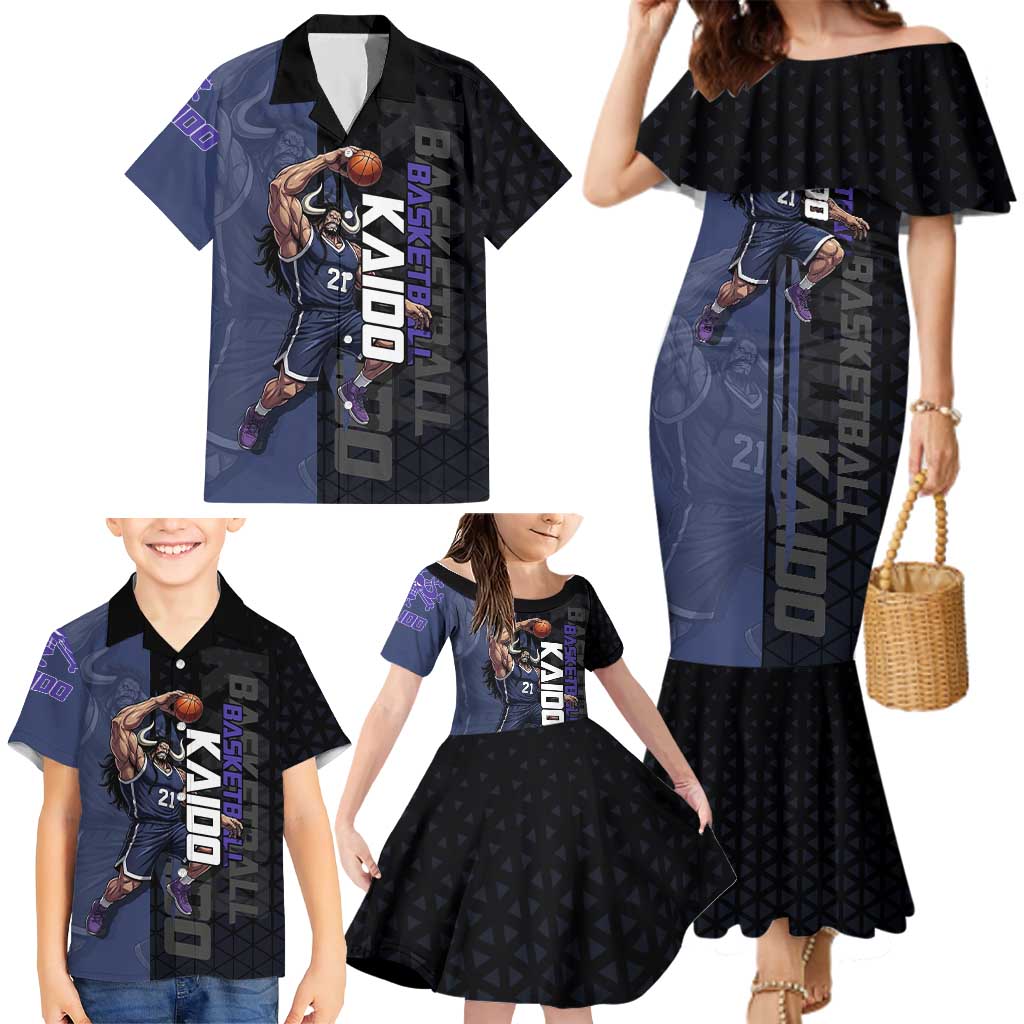 Kaido One Piece Basketball Theme Navy and Black Design Family Matching Mermaid Dress and Hawaiian Shirt with Dragon Skull Emblem and Power Dunk Pose