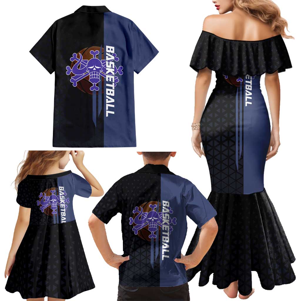 Kaido One Piece Basketball Theme Navy and Black Design Family Matching Mermaid Dress and Hawaiian Shirt with Dragon Skull Emblem and Power Dunk Pose