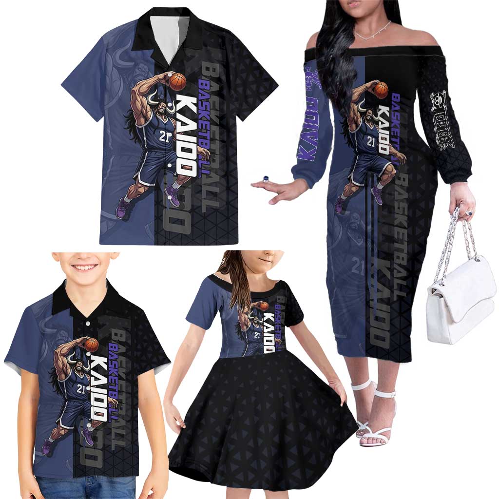 Kaido One Piece Basketball Theme Navy and Black Design Family Matching Off The Shoulder Long Sleeve Dress and Hawaiian Shirt with Dragon Skull Emblem and Power Dunk Pose