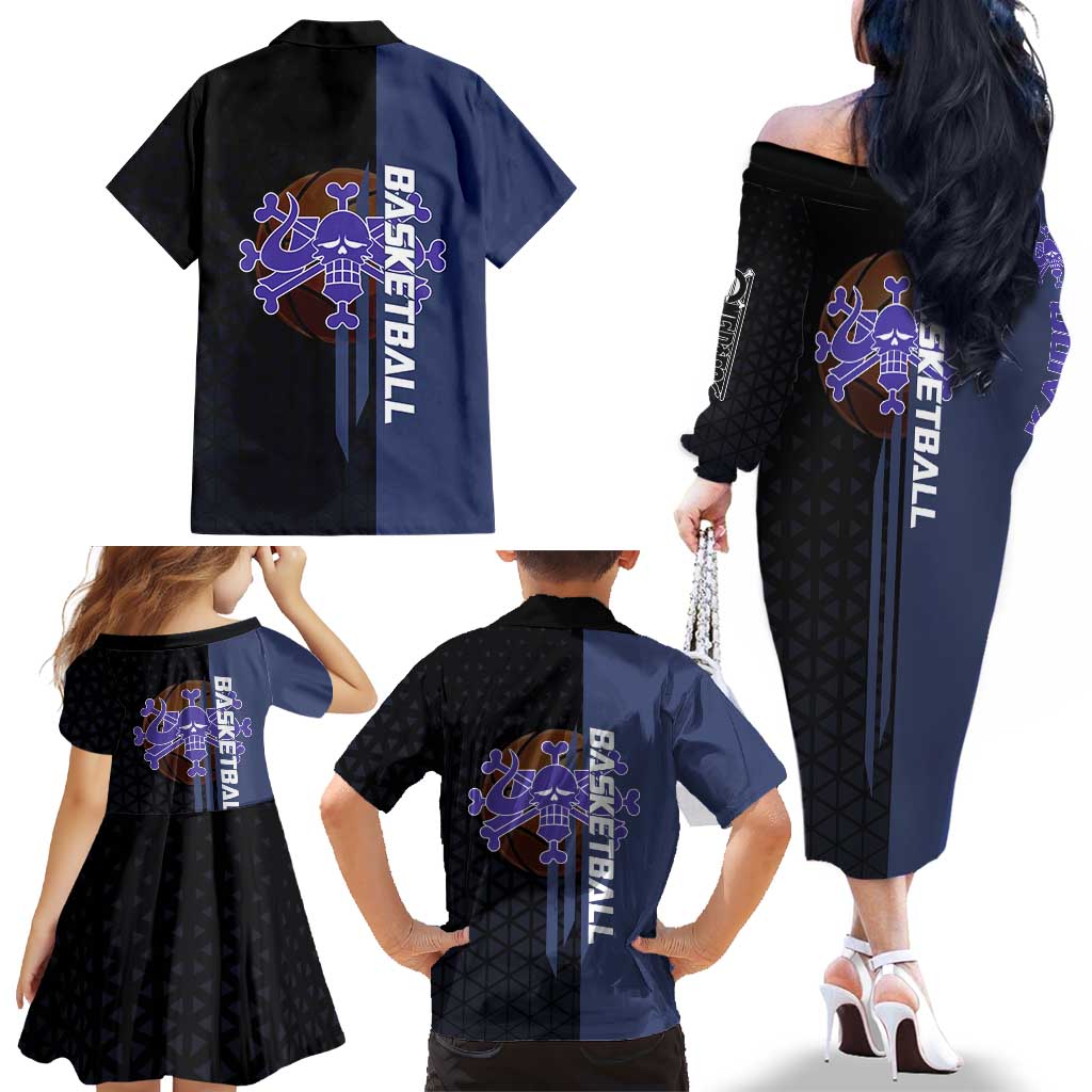 Kaido One Piece Basketball Theme Navy and Black Design Family Matching Off The Shoulder Long Sleeve Dress and Hawaiian Shirt with Dragon Skull Emblem and Power Dunk Pose
