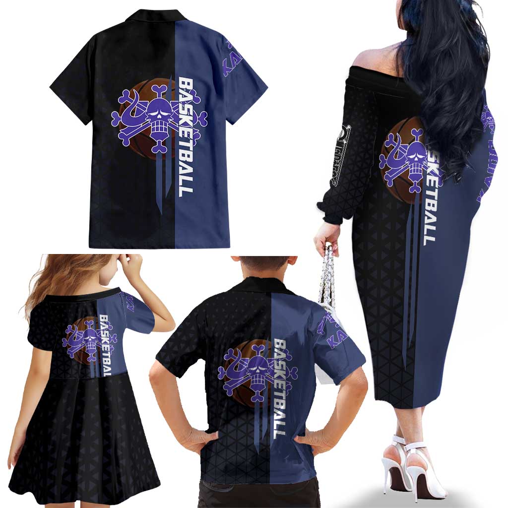 Kaido One Piece Basketball Theme Navy and Black Design Family Matching Off The Shoulder Long Sleeve Dress and Hawaiian Shirt with Dragon Skull Emblem and Power Dunk Pose