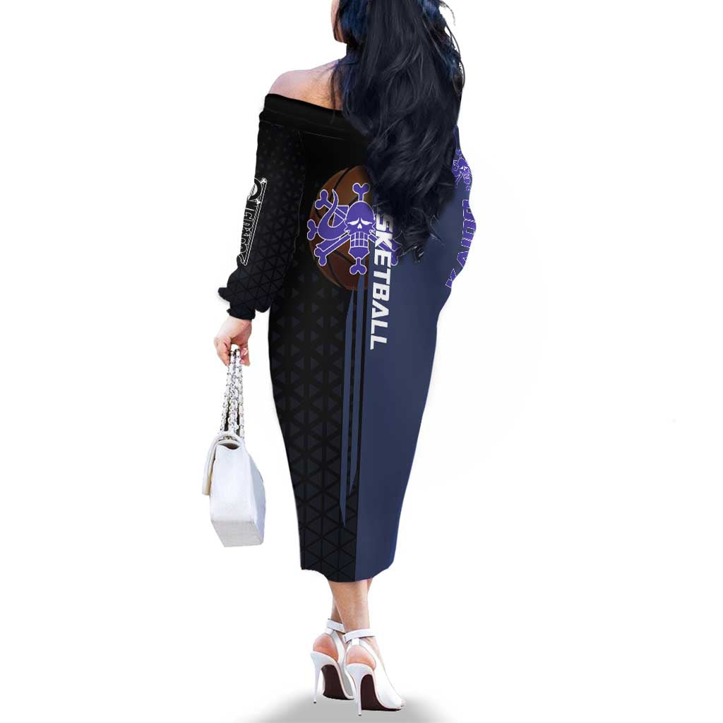 Kaido One Piece Basketball Theme Navy and Black Design Family Matching Off The Shoulder Long Sleeve Dress and Hawaiian Shirt with Dragon Skull Emblem and Power Dunk Pose