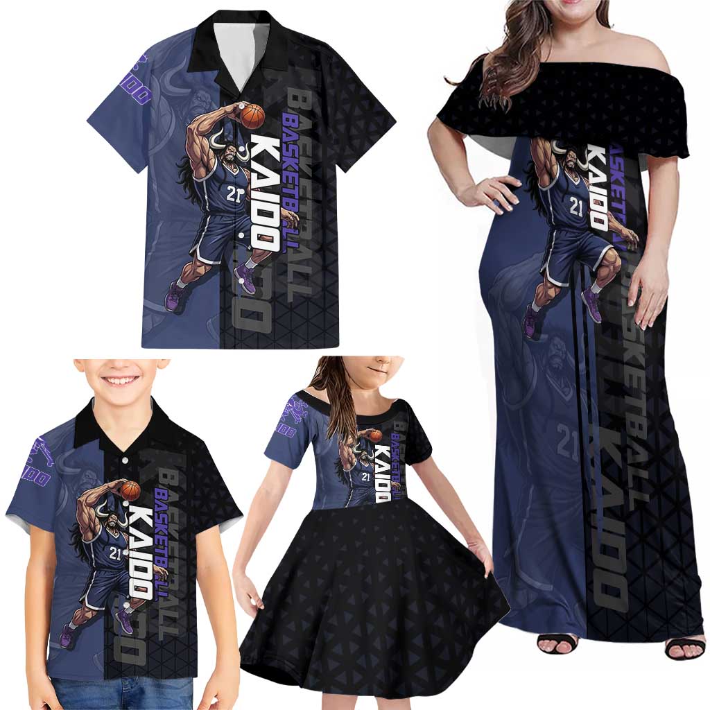 Kaido One Piece Basketball Theme Navy and Black Design Family Matching Off Shoulder Maxi Dress and Hawaiian Shirt with Dragon Skull Emblem and Power Dunk Pose