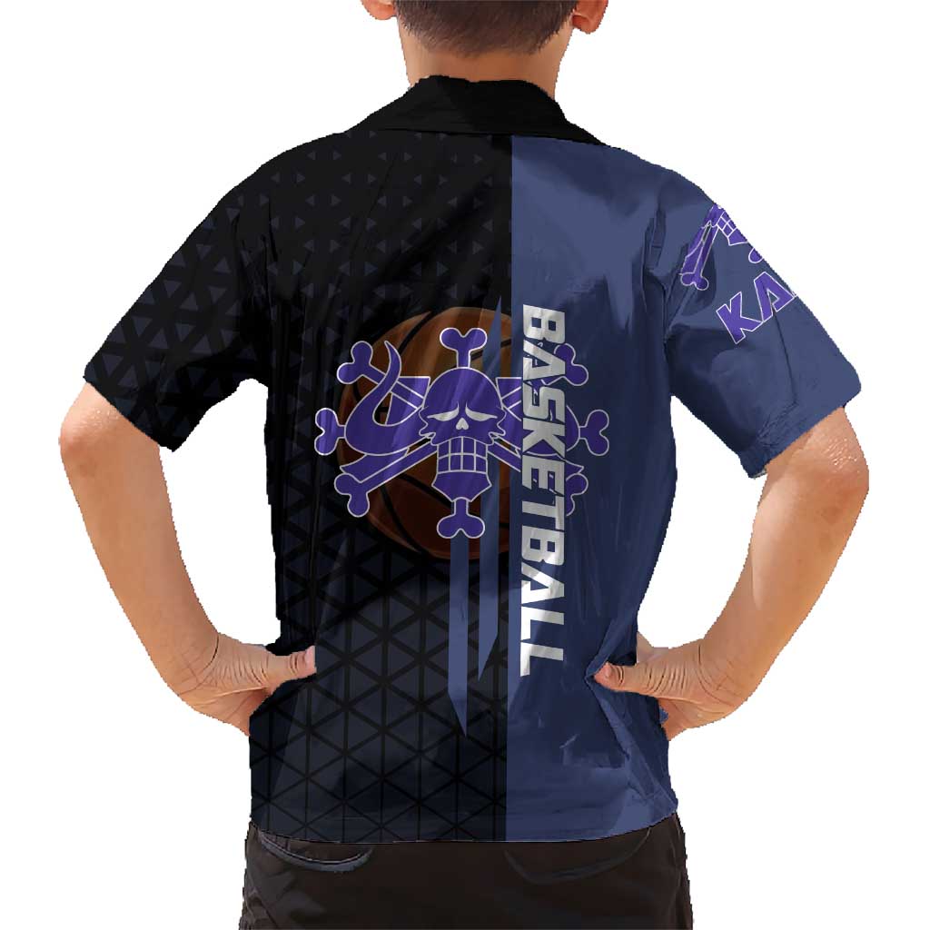 Kaido One Piece Basketball Theme Navy and Black Design Family Matching Off Shoulder Maxi Dress and Hawaiian Shirt with Dragon Skull Emblem and Power Dunk Pose