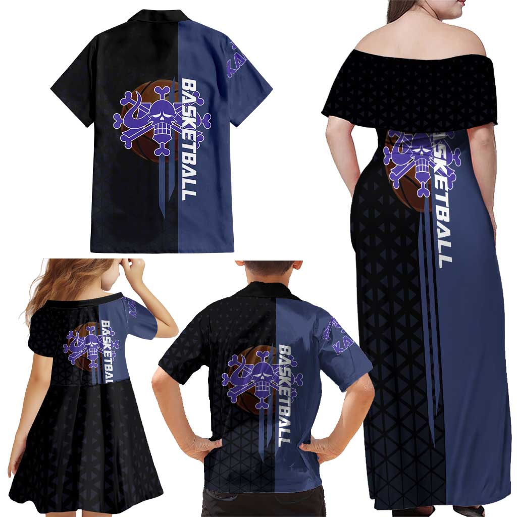 Kaido One Piece Basketball Theme Navy and Black Design Family Matching Off Shoulder Maxi Dress and Hawaiian Shirt with Dragon Skull Emblem and Power Dunk Pose