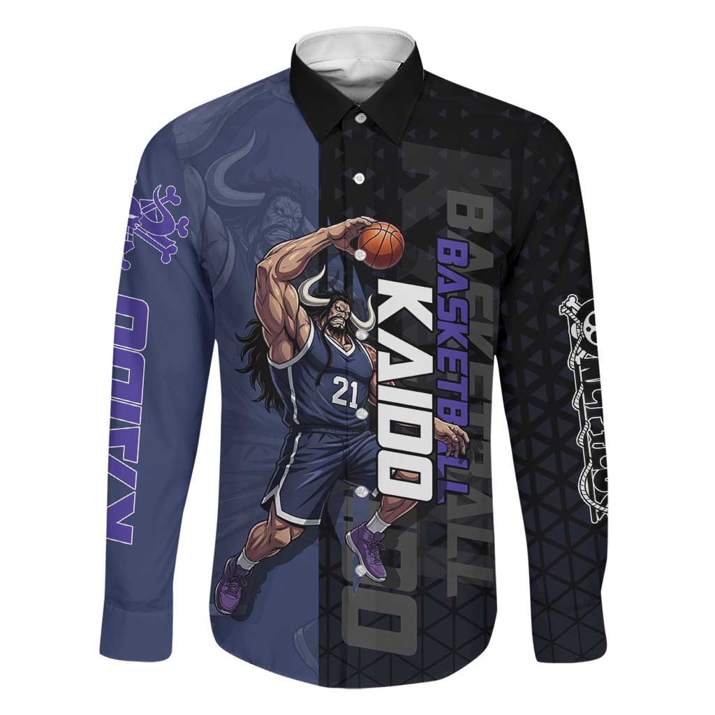 Kaido One Piece Basketball Theme Navy and Black Design Family Matching Off Shoulder Maxi Dress and Hawaiian Shirt with Dragon Skull Emblem and Power Dunk Pose