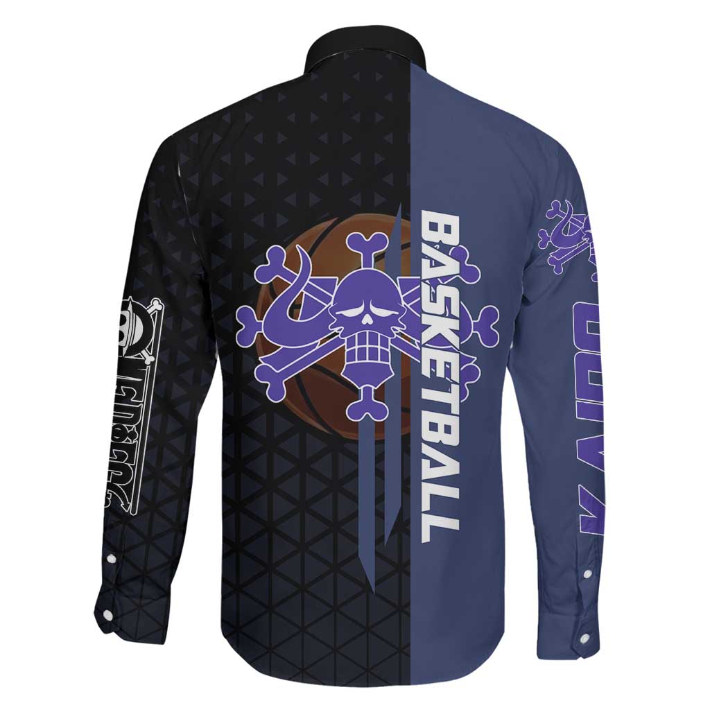 Kaido One Piece Basketball Theme Navy and Black Design Family Matching Off Shoulder Maxi Dress and Hawaiian Shirt with Dragon Skull Emblem and Power Dunk Pose