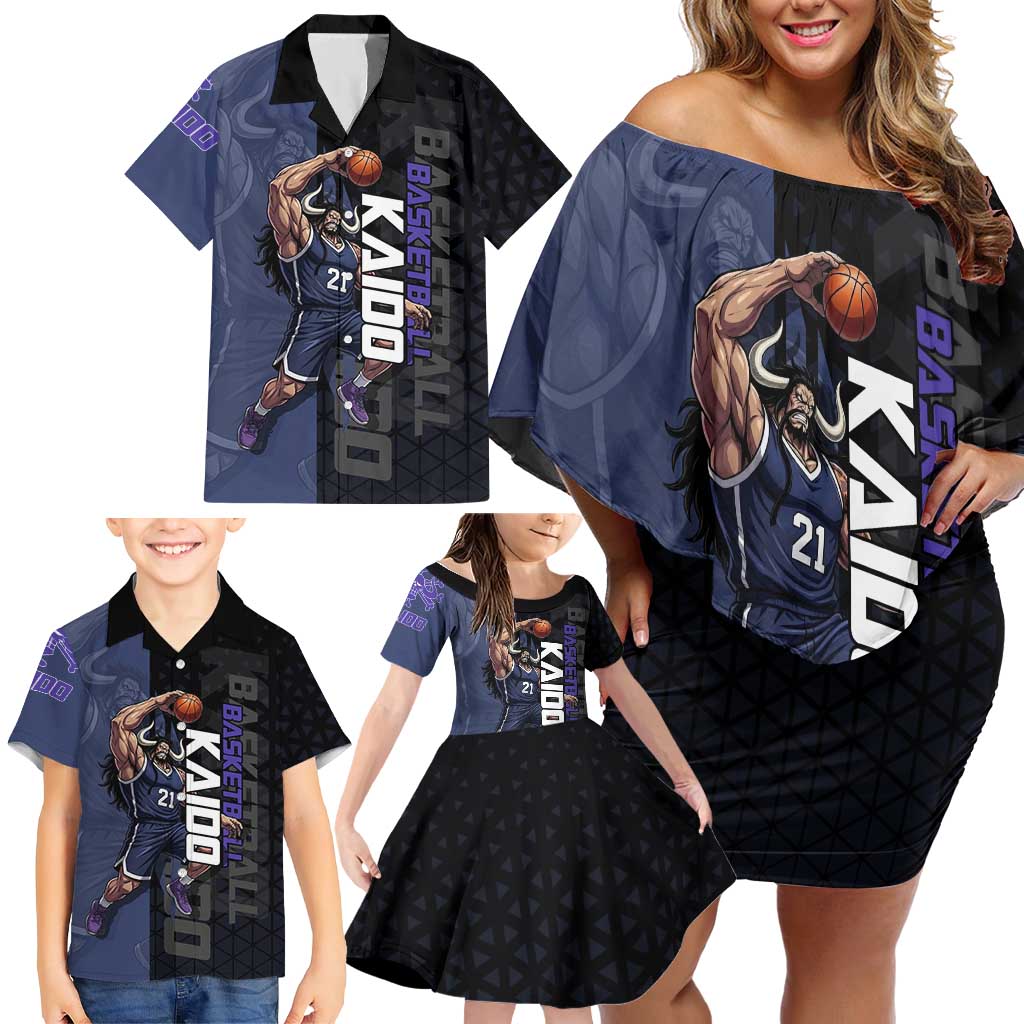 Kaido One Piece Basketball Theme Navy and Black Design Family Matching Off Shoulder Short Dress and Hawaiian Shirt with Dragon Skull Emblem and Power Dunk Pose