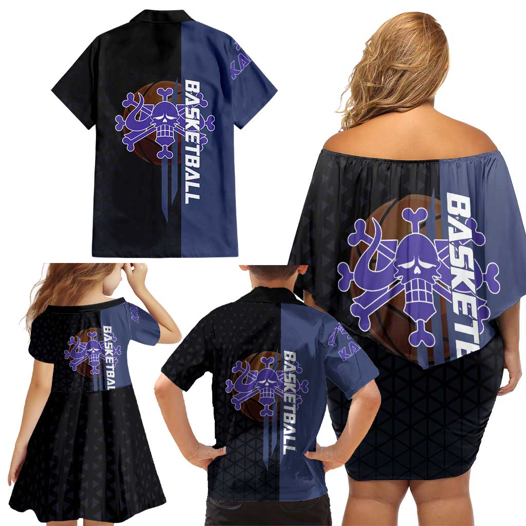 Kaido One Piece Basketball Theme Navy and Black Design Family Matching Off Shoulder Short Dress and Hawaiian Shirt with Dragon Skull Emblem and Power Dunk Pose