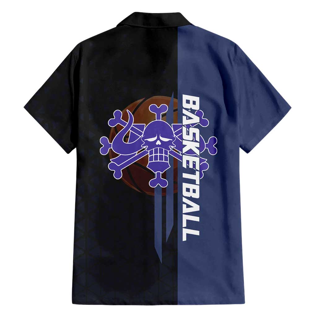 Kaido One Piece Basketball Theme Navy and Black Design Family Matching Off Shoulder Short Dress and Hawaiian Shirt with Dragon Skull Emblem and Power Dunk Pose