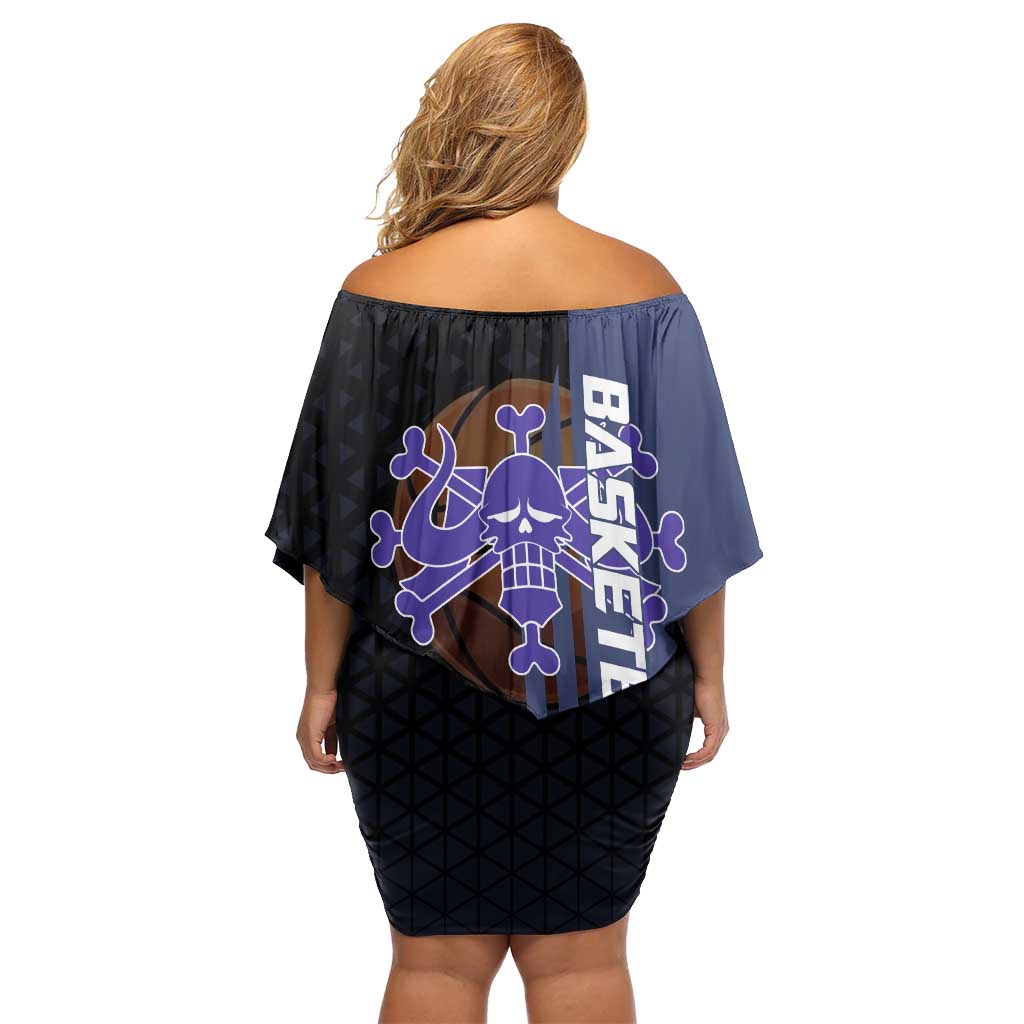Kaido One Piece Basketball Theme Navy and Black Design Family Matching Off Shoulder Short Dress and Hawaiian Shirt with Dragon Skull Emblem and Power Dunk Pose