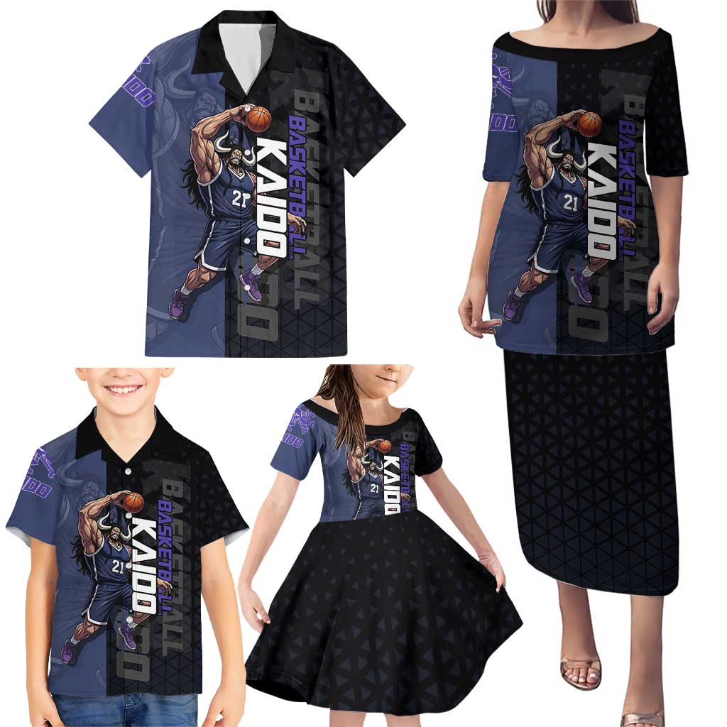 Kaido One Piece Basketball Theme Navy and Black Design Family Matching Puletasi and Hawaiian Shirt with Dragon Skull Emblem and Power Dunk Pose