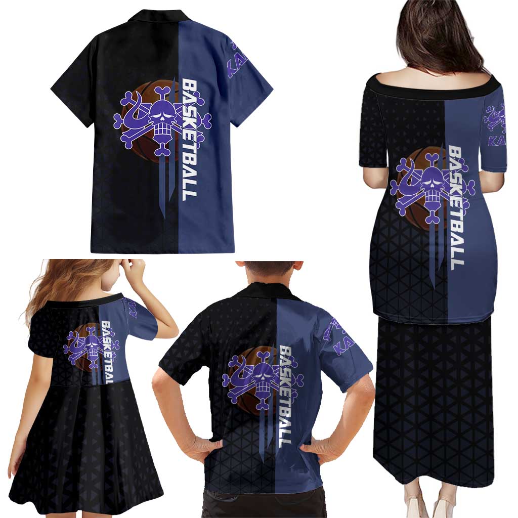 Kaido One Piece Basketball Theme Navy and Black Design Family Matching Puletasi and Hawaiian Shirt with Dragon Skull Emblem and Power Dunk Pose