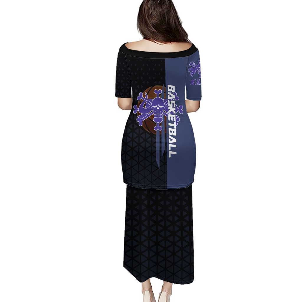 Kaido One Piece Basketball Theme Navy and Black Design Family Matching Puletasi and Hawaiian Shirt with Dragon Skull Emblem and Power Dunk Pose