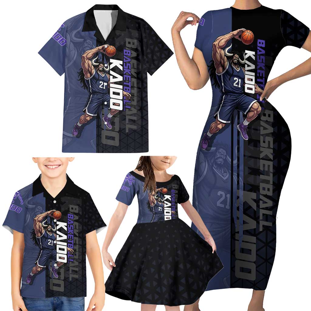 Kaido One Piece Basketball Theme Navy and Black Design Family Matching Short Sleeve Bodycon Dress and Hawaiian Shirt with Dragon Skull Emblem and Power Dunk Pose