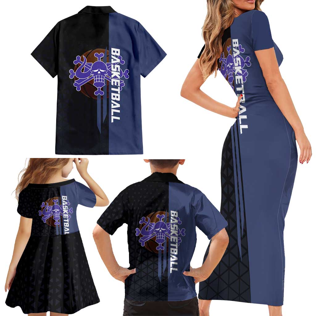 Kaido One Piece Basketball Theme Navy and Black Design Family Matching Short Sleeve Bodycon Dress and Hawaiian Shirt with Dragon Skull Emblem and Power Dunk Pose