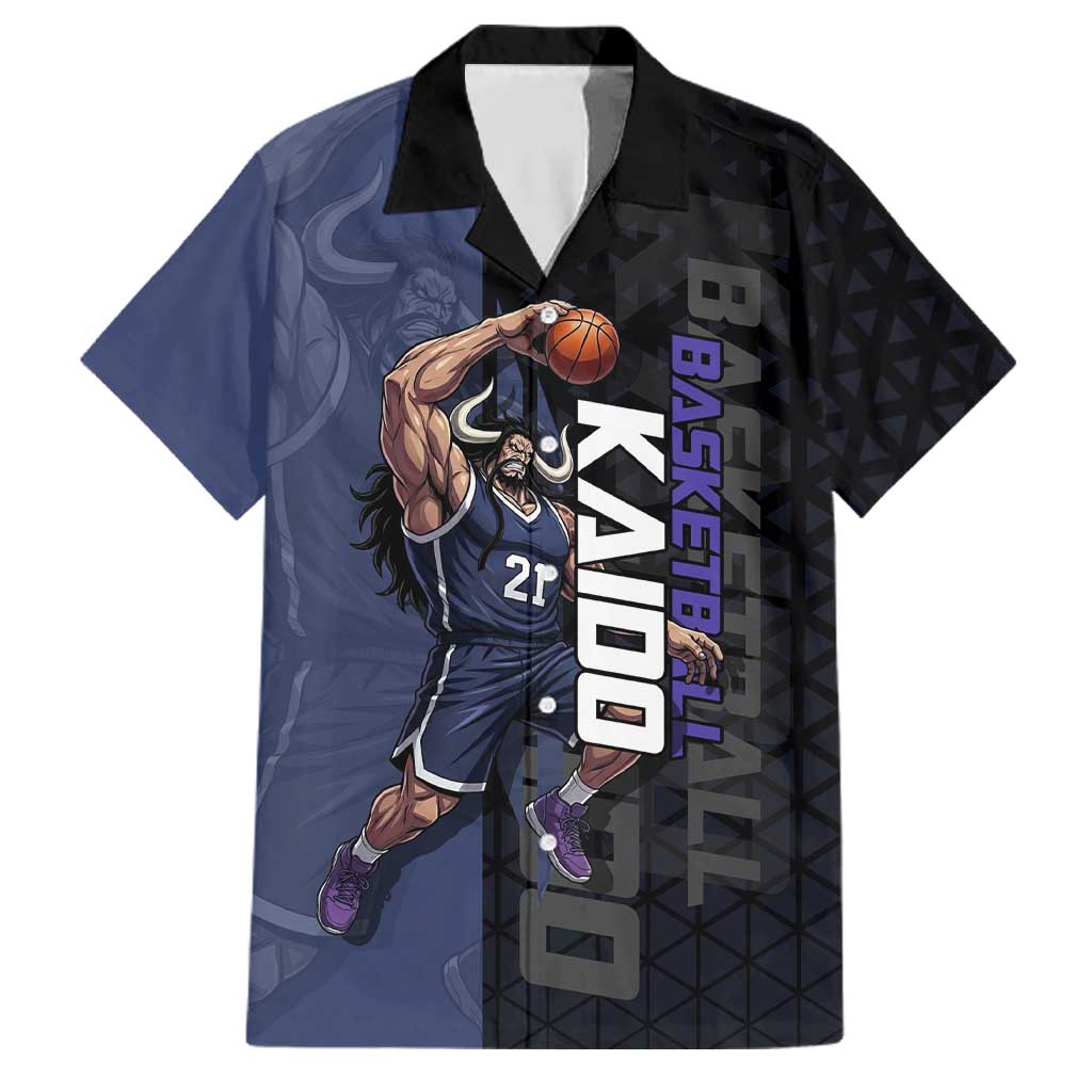Kaido One Piece Basketball Theme Navy and Black Design Family Matching Short Sleeve Bodycon Dress and Hawaiian Shirt with Dragon Skull Emblem and Power Dunk Pose