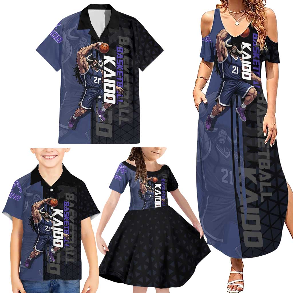 Kaido One Piece Basketball Theme Navy and Black Design Family Matching Summer Maxi Dress and Hawaiian Shirt with Dragon Skull Emblem and Power Dunk Pose