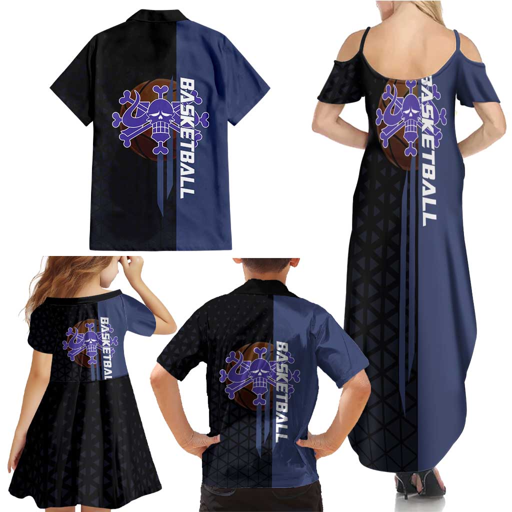 Kaido One Piece Basketball Theme Navy and Black Design Family Matching Summer Maxi Dress and Hawaiian Shirt with Dragon Skull Emblem and Power Dunk Pose