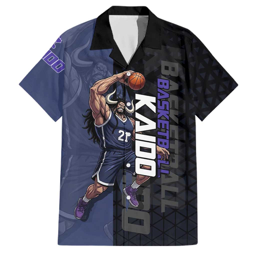 Kaido One Piece Basketball Theme Navy and Black Design Family Matching Summer Maxi Dress and Hawaiian Shirt with Dragon Skull Emblem and Power Dunk Pose