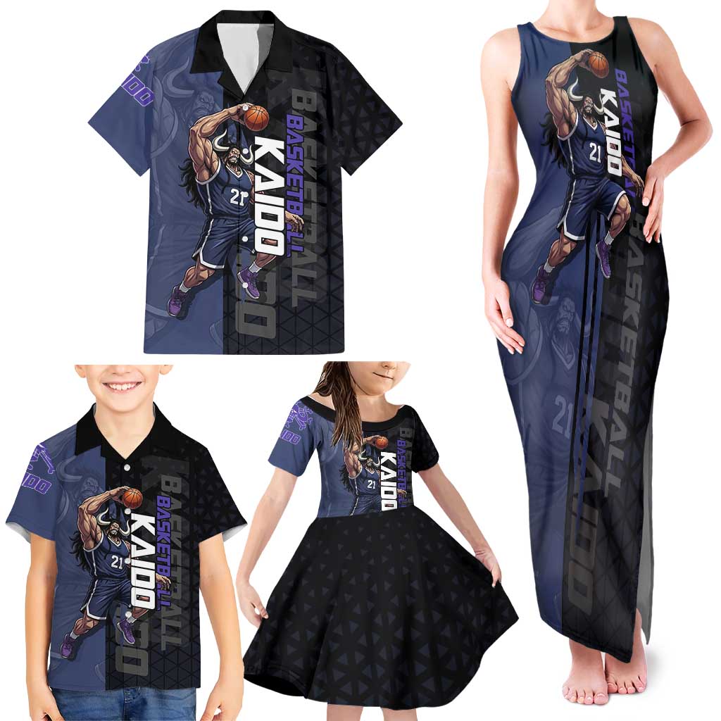 Kaido One Piece Basketball Theme Navy and Black Design Family Matching Tank Maxi Dress and Hawaiian Shirt with Dragon Skull Emblem and Power Dunk Pose