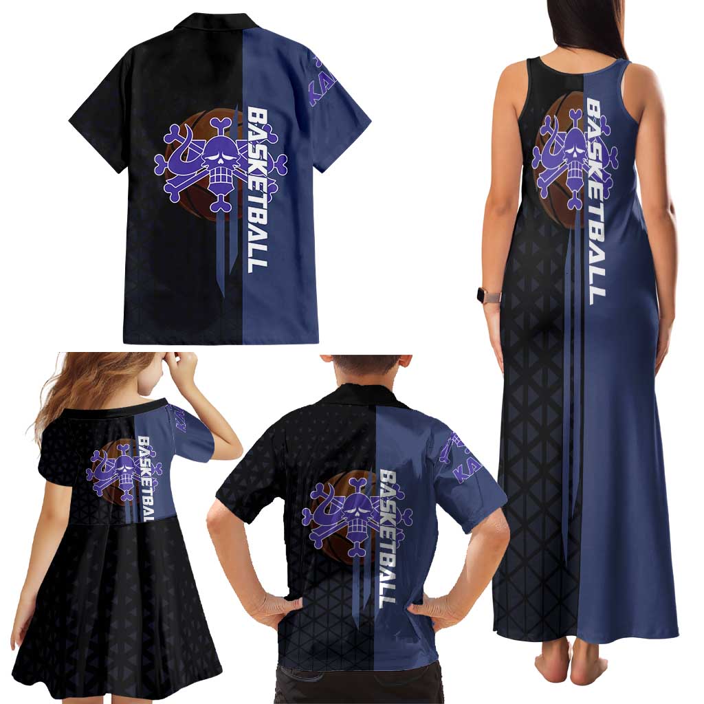 Kaido One Piece Basketball Theme Navy and Black Design Family Matching Tank Maxi Dress and Hawaiian Shirt with Dragon Skull Emblem and Power Dunk Pose