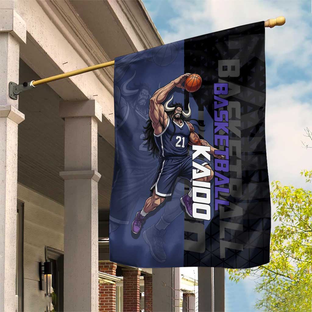 Kaido One Piece Basketball Theme Navy and Black Design Garden Flag with Dragon Skull Emblem and Power Dunk Pose - The Mazicc
