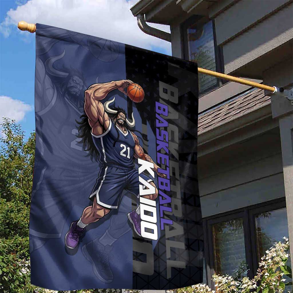 Kaido One Piece Basketball Theme Navy and Black Design Garden Flag with Dragon Skull Emblem and Power Dunk Pose - The Mazicc