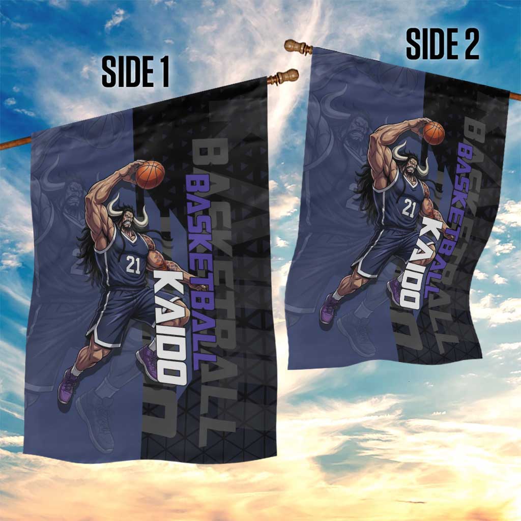 Kaido One Piece Basketball Theme Navy and Black Design Garden Flag with Dragon Skull Emblem and Power Dunk Pose - The Mazicc