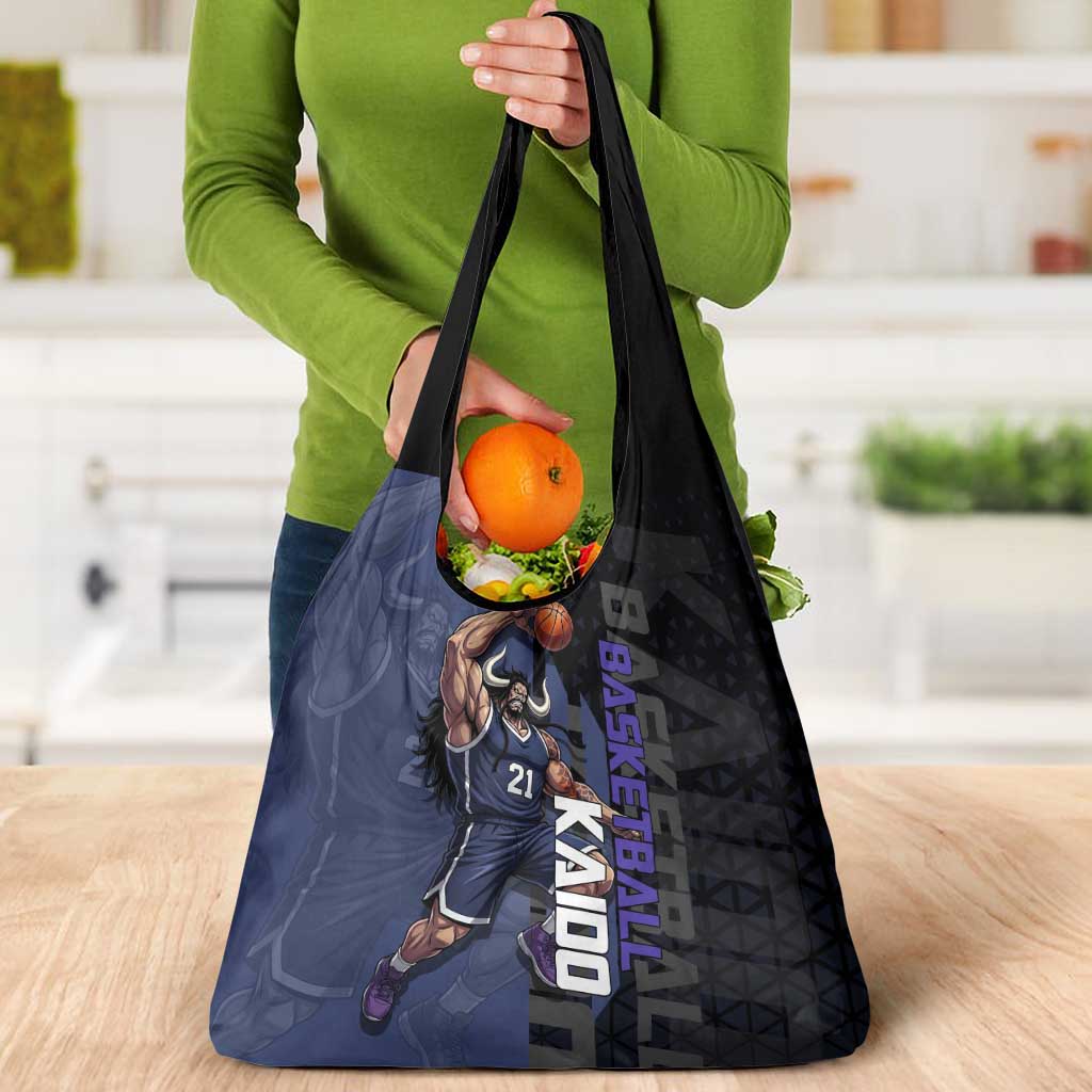 Kaido One Piece Basketball Theme Navy and Black Design Grocery Bag with Dragon Skull Emblem and Power Dunk Pose - The Mazicc