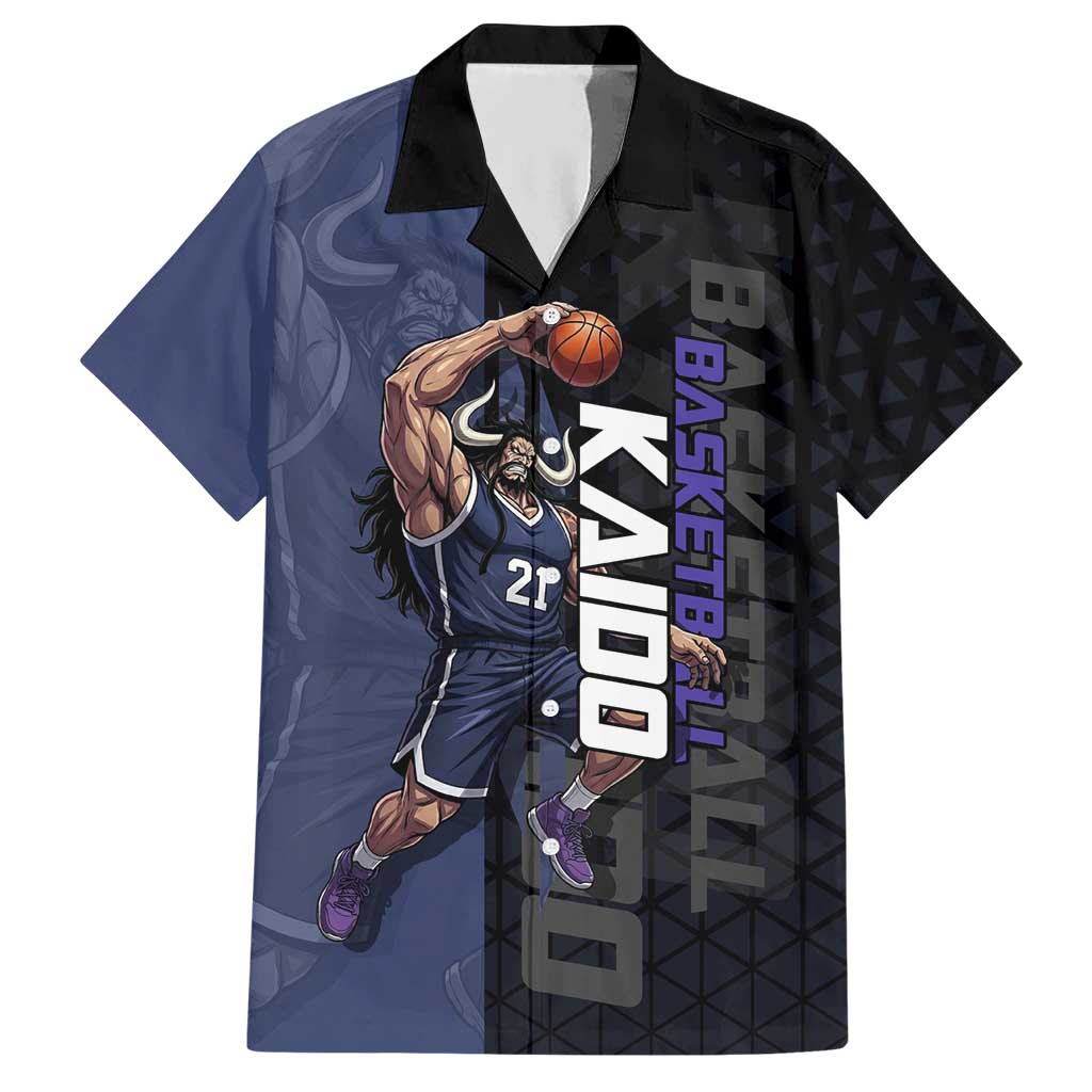Kaido One Piece Basketball Theme Navy and Black Design Hawaiian Shirt with Dragon Skull Emblem and Power Dunk Pose - The Mazicc