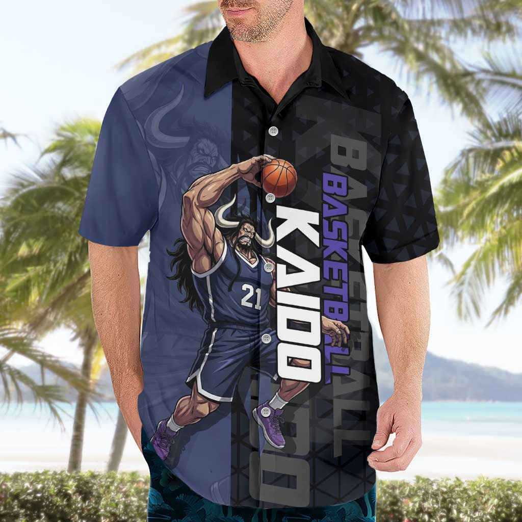 Kaido One Piece Basketball Theme Navy and Black Design Hawaiian Shirt with Dragon Skull Emblem and Power Dunk Pose - The Mazicc