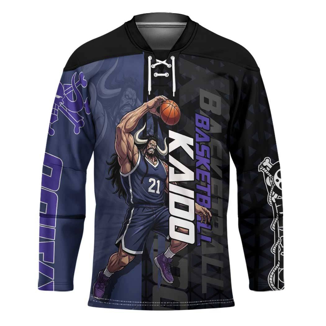 Kaido One Piece Basketball Theme Navy and Black Design Hockey Jersey with Dragon Skull Emblem and Power Dunk Pose - The Mazicc