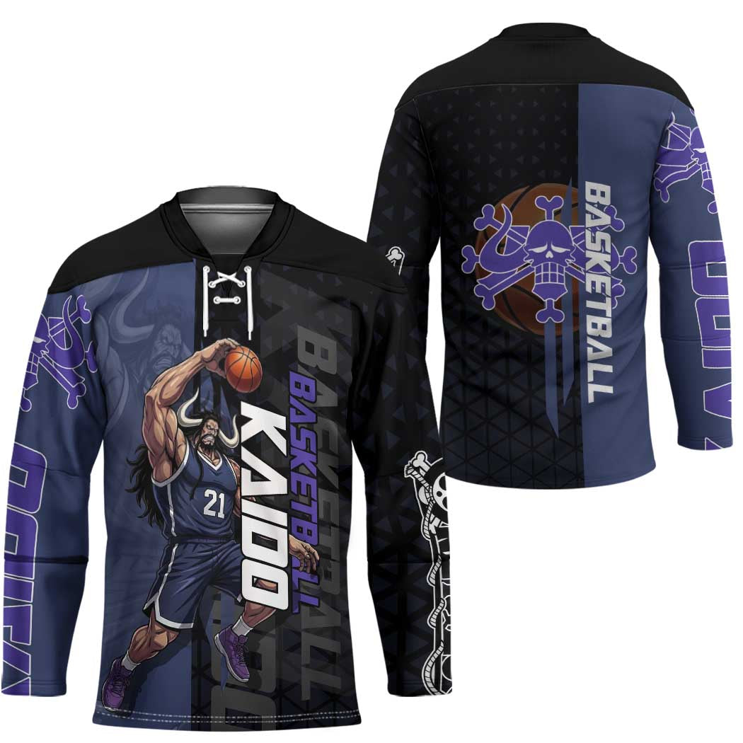 Kaido One Piece Basketball Theme Navy and Black Design Hockey Jersey with Dragon Skull Emblem and Power Dunk Pose - The Mazicc
