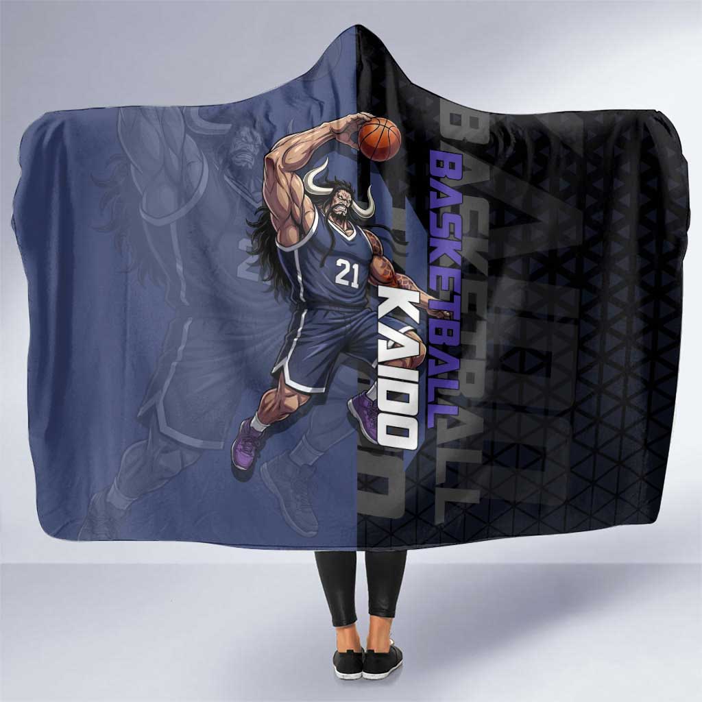 Kaido One Piece Basketball Theme Navy and Black Design Hooded Blanket with Dragon Skull Emblem and Power Dunk Pose - The Mazicc
