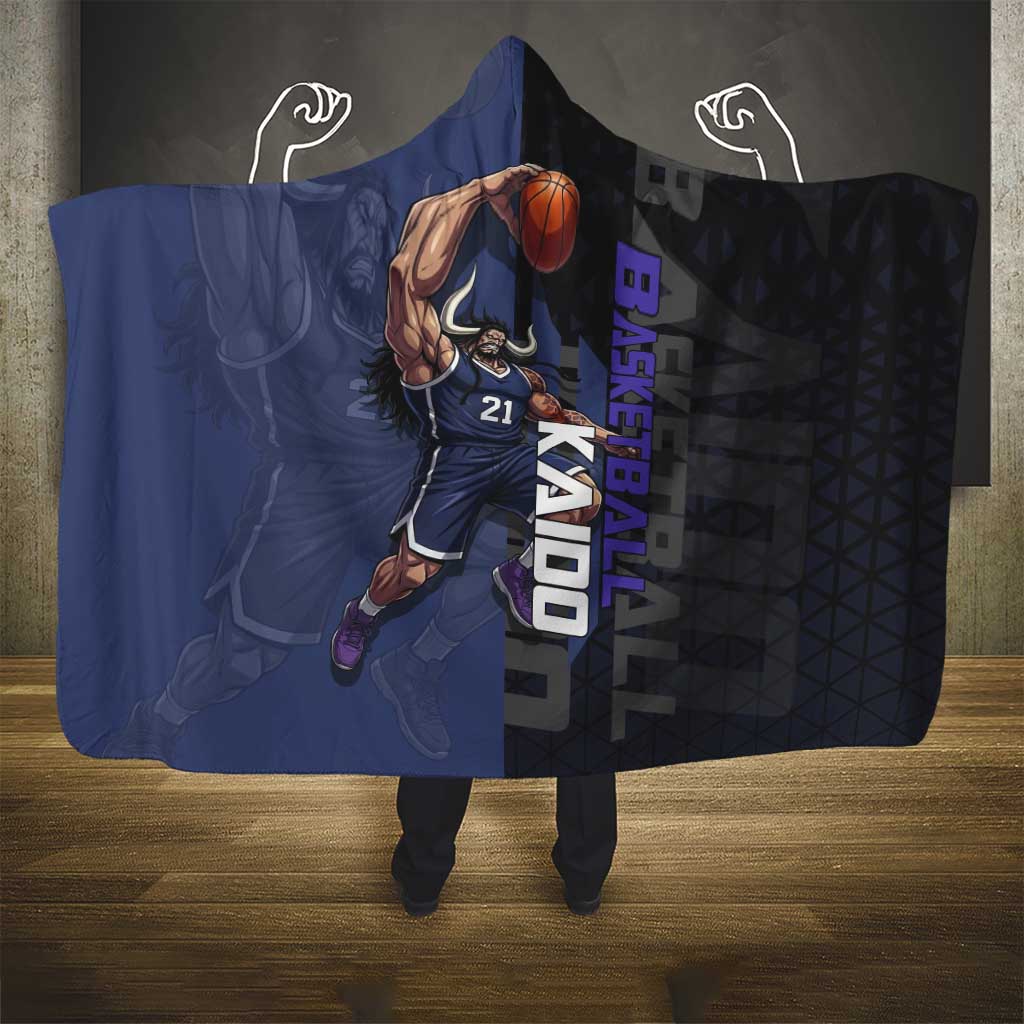 Kaido One Piece Basketball Theme Navy and Black Design Hooded Blanket with Dragon Skull Emblem and Power Dunk Pose - The Mazicc