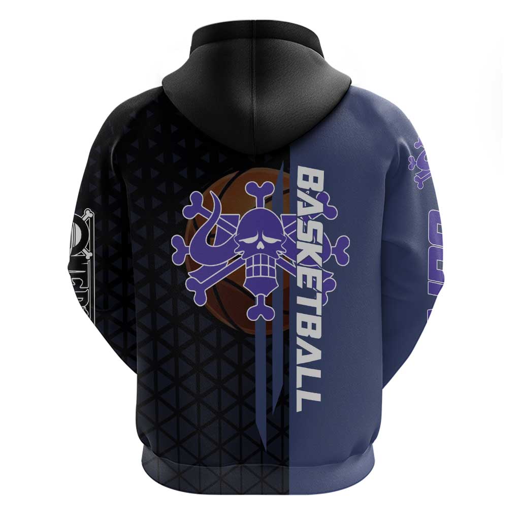 Kaido One Piece Basketball Theme Navy and Black Design Hoodie with Dragon Skull Emblem and Power Dunk Pose - The Mazicc