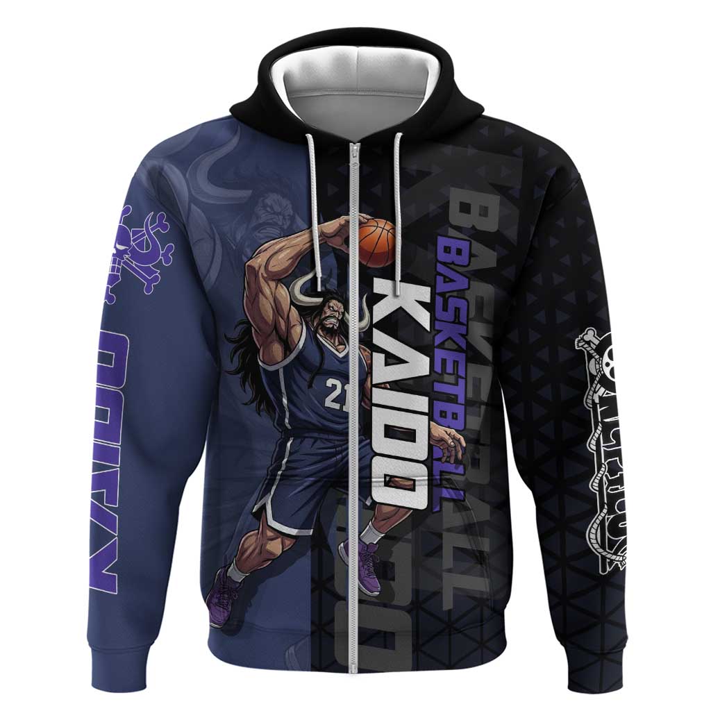 Kaido One Piece Basketball Theme Navy and Black Design Hoodie with Dragon Skull Emblem and Power Dunk Pose - The Mazicc