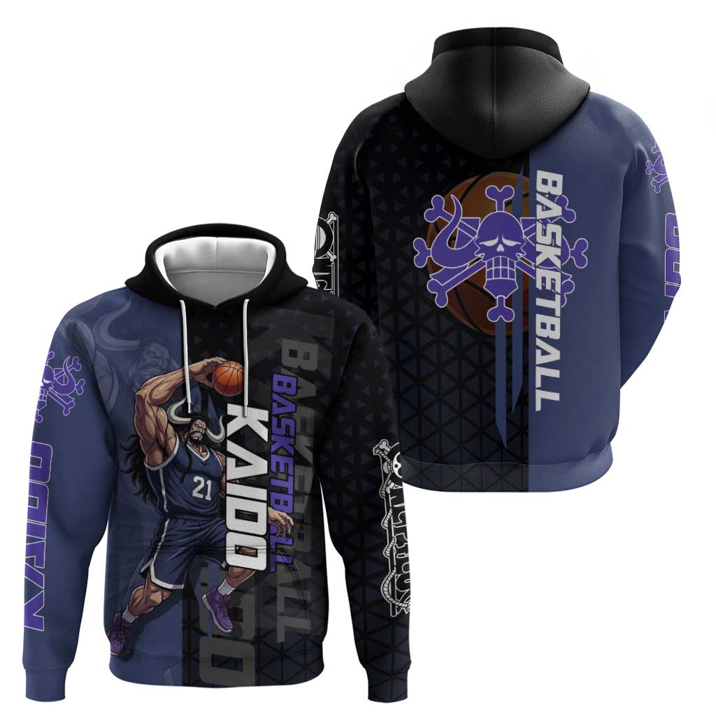 Kaido One Piece Basketball Theme Navy and Black Design Hoodie with Dragon Skull Emblem and Power Dunk Pose - The Mazicc