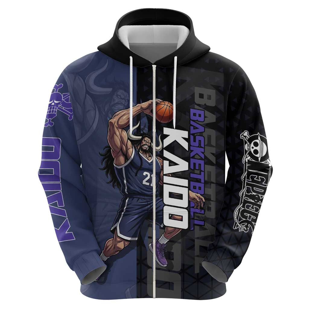 Kaido One Piece Basketball Theme Navy and Black Design Hoodie with Dragon Skull Emblem and Power Dunk Pose - The Mazicc