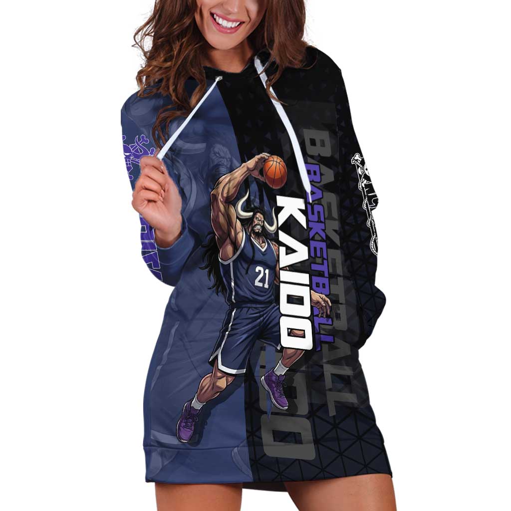 Kaido One Piece Basketball Theme Navy and Black Design Hoodie Dress with Dragon Skull Emblem and Power Dunk Pose - The Mazicc