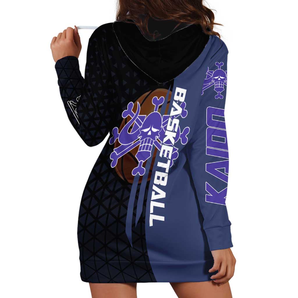 Kaido One Piece Basketball Theme Navy and Black Design Hoodie Dress with Dragon Skull Emblem and Power Dunk Pose - The Mazicc
