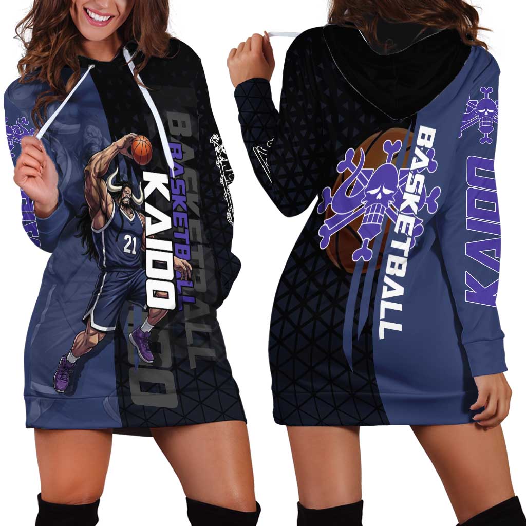 Kaido One Piece Basketball Theme Navy and Black Design Hoodie Dress with Dragon Skull Emblem and Power Dunk Pose - The Mazicc