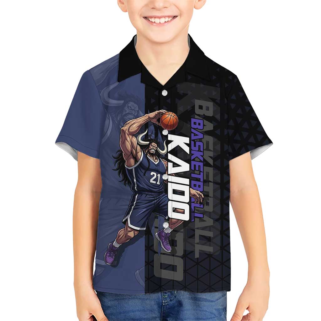 Kaido One Piece Basketball Theme Navy and Black Design Kid Hawaiian Shirt with Dragon Skull Emblem and Power Dunk Pose - The Mazicc