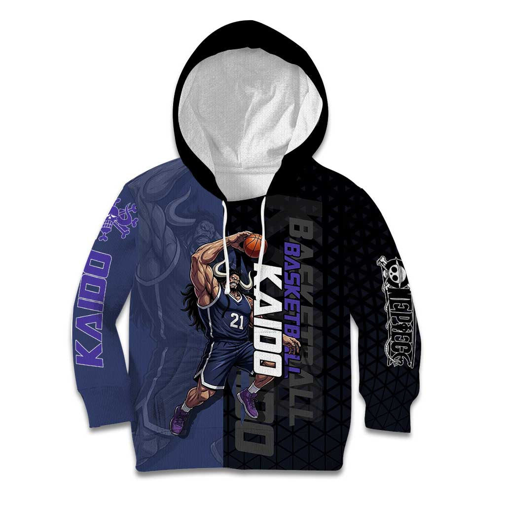 Kaido One Piece Basketball Theme Navy and Black Design Kid Hoodie with Dragon Skull Emblem and Power Dunk Pose - The Mazicc